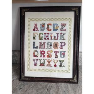 Framed Carved Nursery Decor Alphabet Cross Stitch Vintage Glass Frame Large